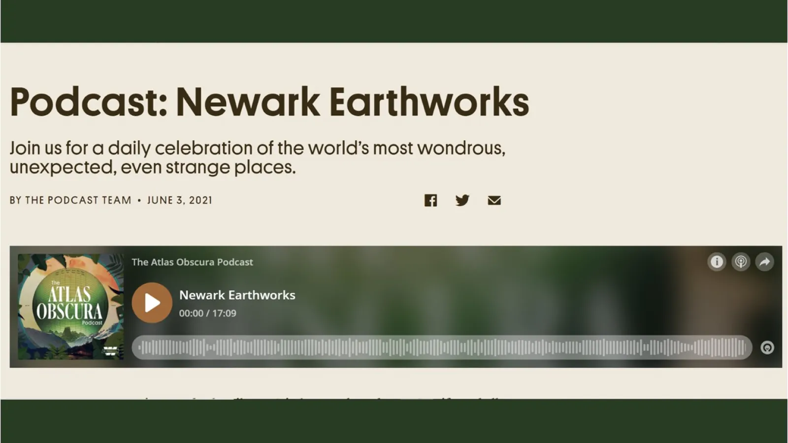 Title "Podcast: Newark Earthworks" with image of a circle and an inactive play button