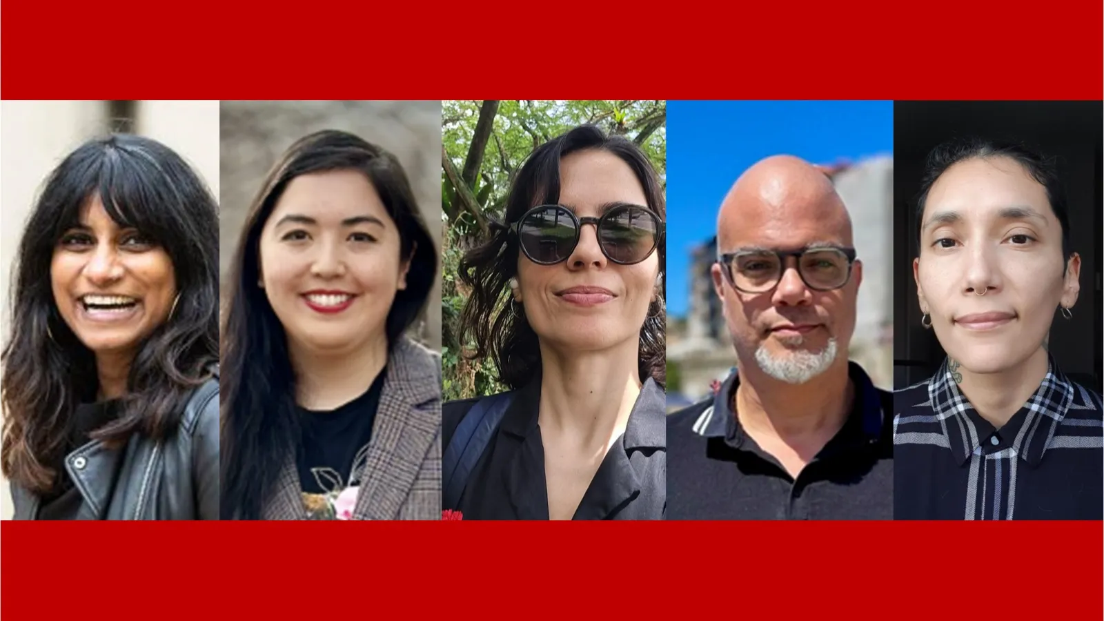 Red banners with faces of new faculty members