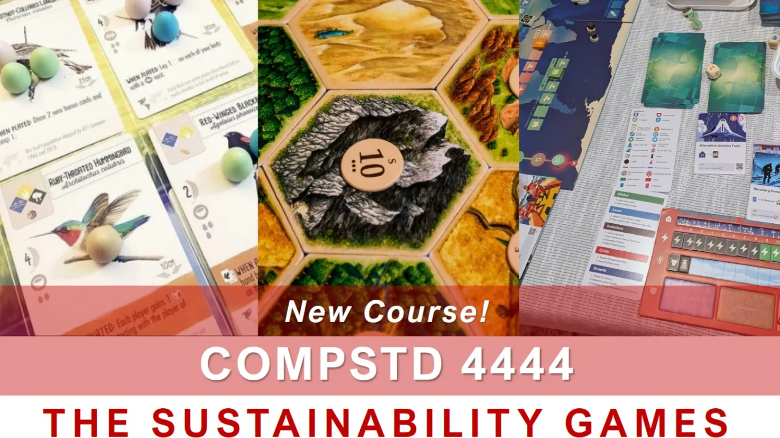 Images of three board games (Wingspan, Catan, Daybreak) with the course title listed at the bottom
