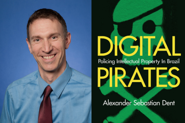 Alexander Dent and the cover art for his book "Digital Pirates"